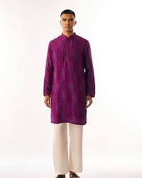 Twamev Men Purple Art Silk Kurta Set with Print