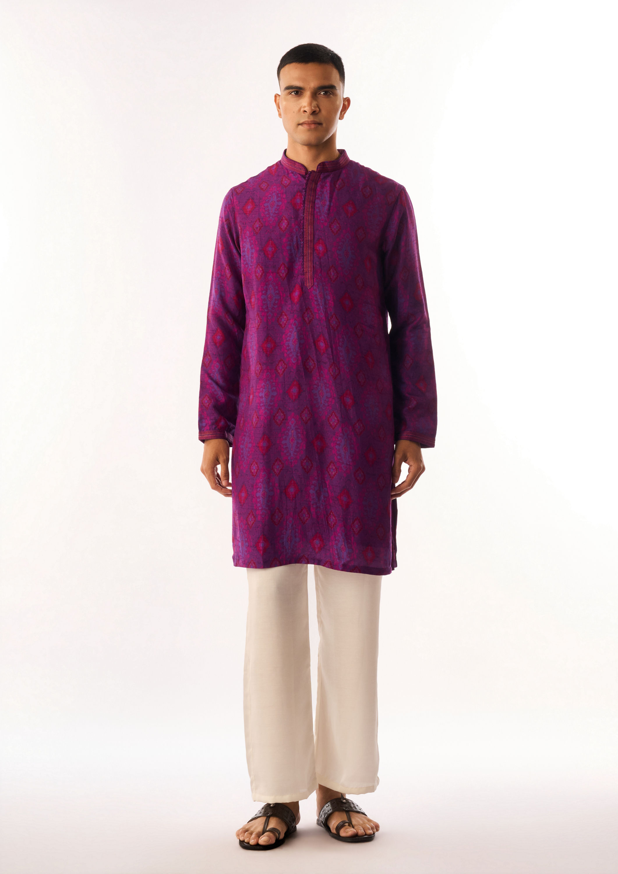 Twamev Men Purple Art Silk Kurta Set with Print