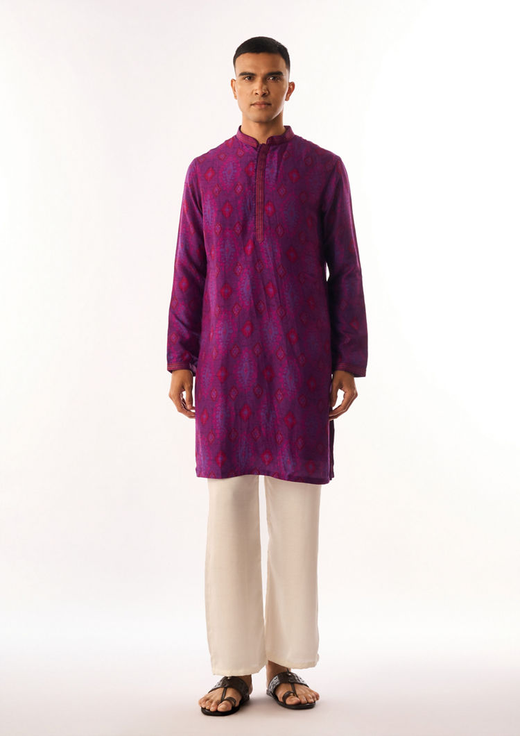 Twamev Men Purple Art Silk Kurta Set with Print