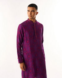 Twamev Men Purple Art Silk Kurta Set with Print