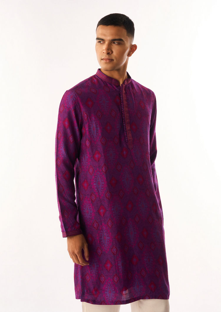 Twamev Men Purple Art Silk Kurta Set with Print