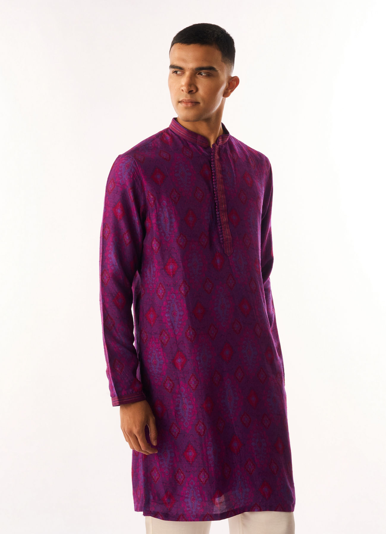 Twamev Men Purple Art Silk Kurta Set with Print