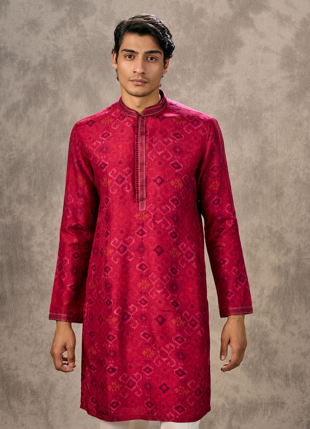 Twamev Men Rani Pink Ikat Silk Printed Kurta Pant Set