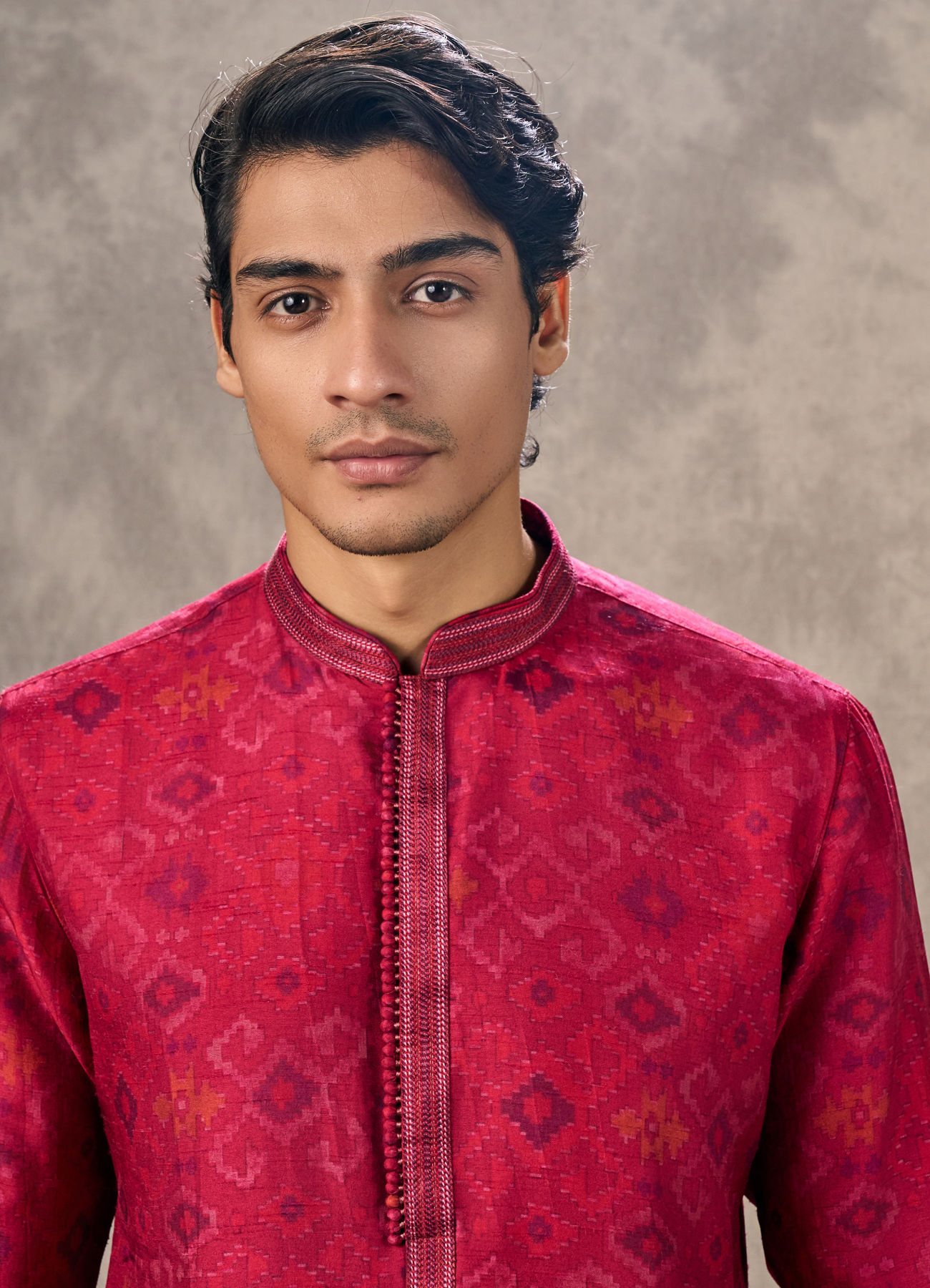 Twamev Men Rani Pink Ikat Silk Printed Kurta Pant Set