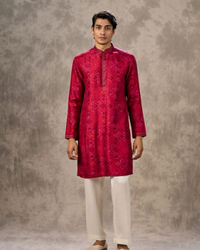 Twamev Men Rani Pink Ikat Silk Printed Kurta Pant Set