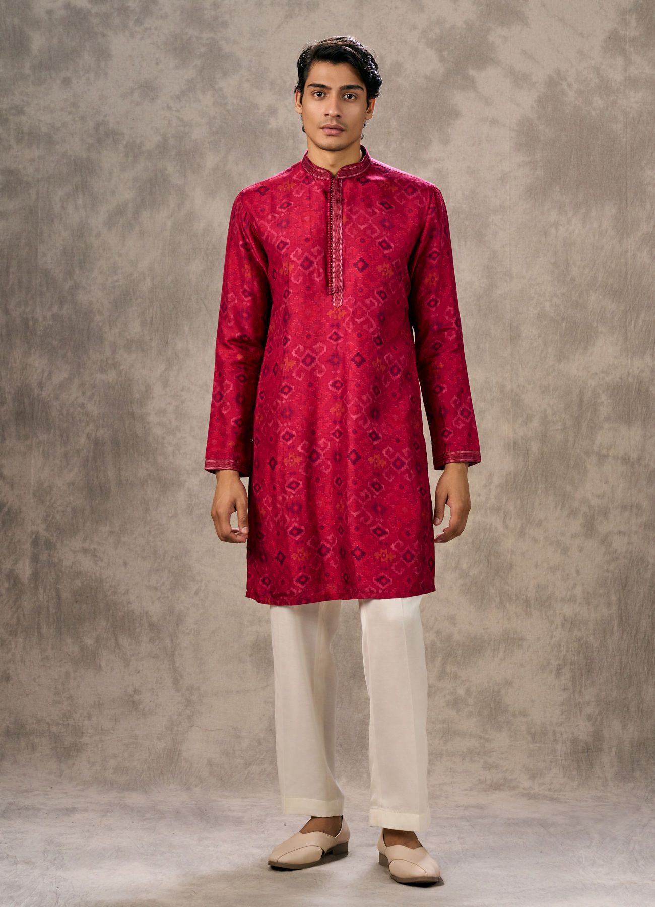 Twamev Men Rani Pink Ikat Silk Printed Kurta Pant Set
