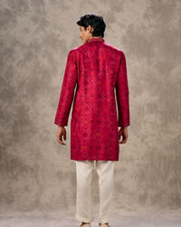 Twamev Men Rani Pink Ikat Silk Printed Kurta Pant Set