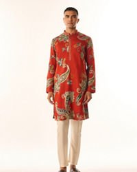 Twamev Men Red Art Silk Kurta Set with Embroidery