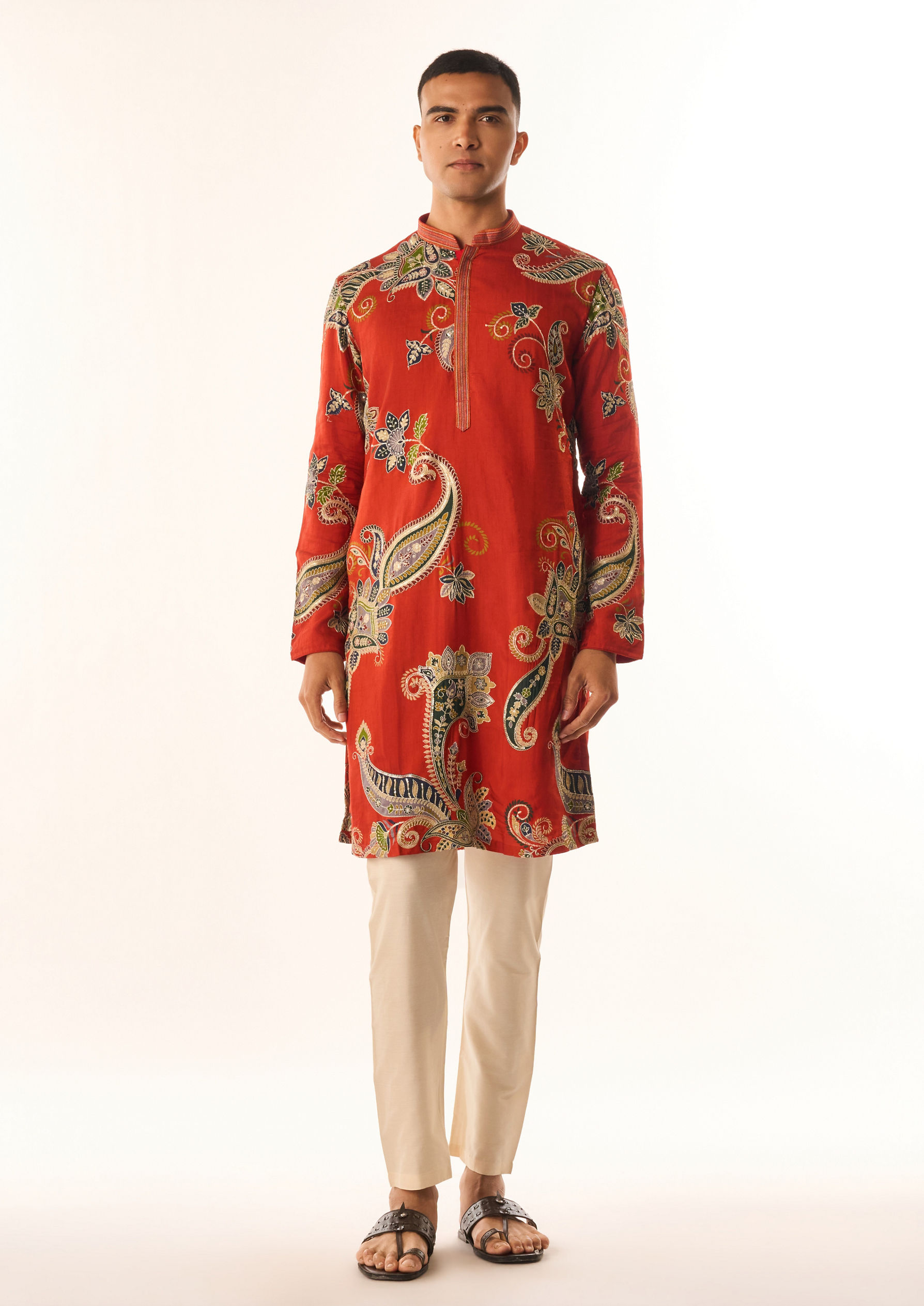 Twamev Men Red Art Silk Kurta Set with Embroidery