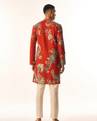 Twamev Men Red Art Silk Kurta Set with Embroidery