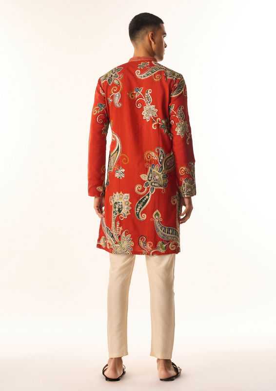 Twamev Men Red Art Silk Kurta Set with Embroidery