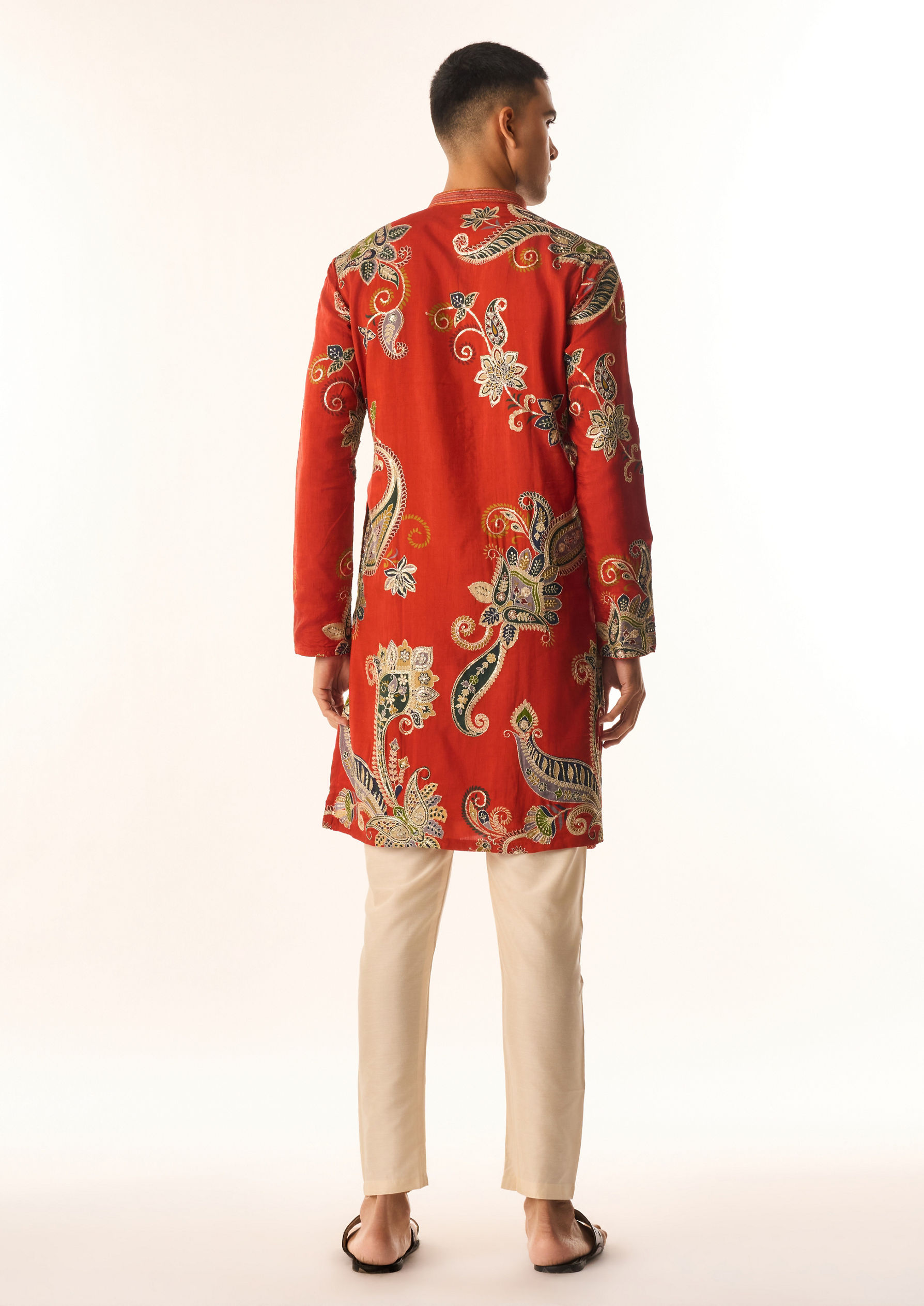 Twamev Men Red Art Silk Kurta Set with Embroidery