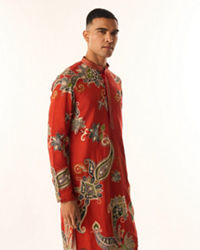 Twamev Men Red Art Silk Kurta Set with Embroidery
