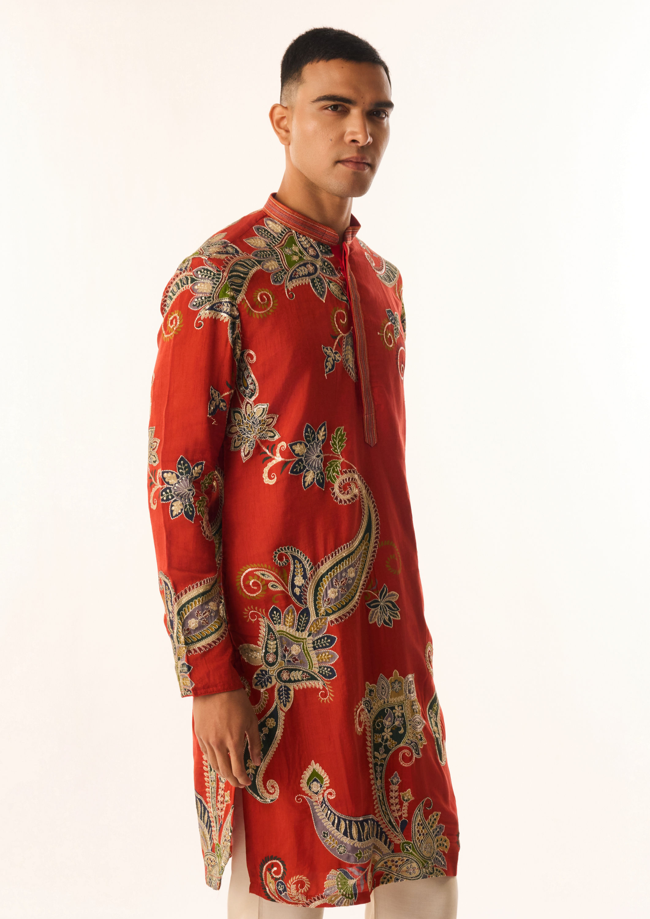 Twamev Men Red Art Silk Kurta Set with Embroidery