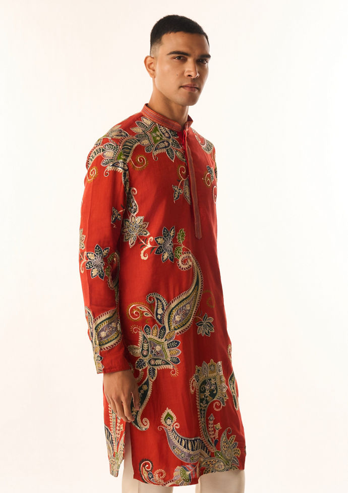 Twamev Men Red Art Silk Kurta Set with Embroidery
