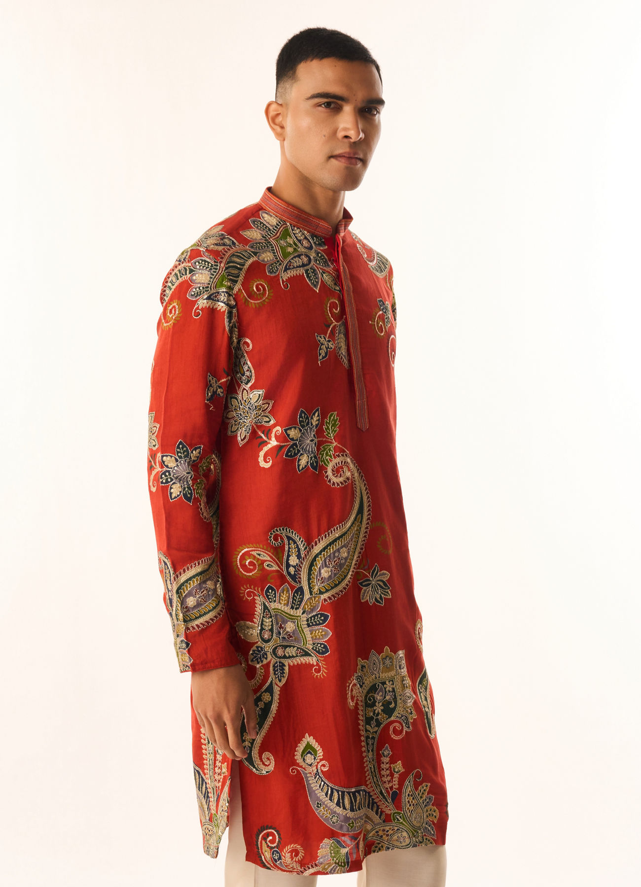 Twamev Men Red Art Silk Kurta Set with Embroidery