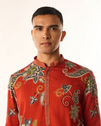 Twamev Men Red Art Silk Kurta Set with Embroidery