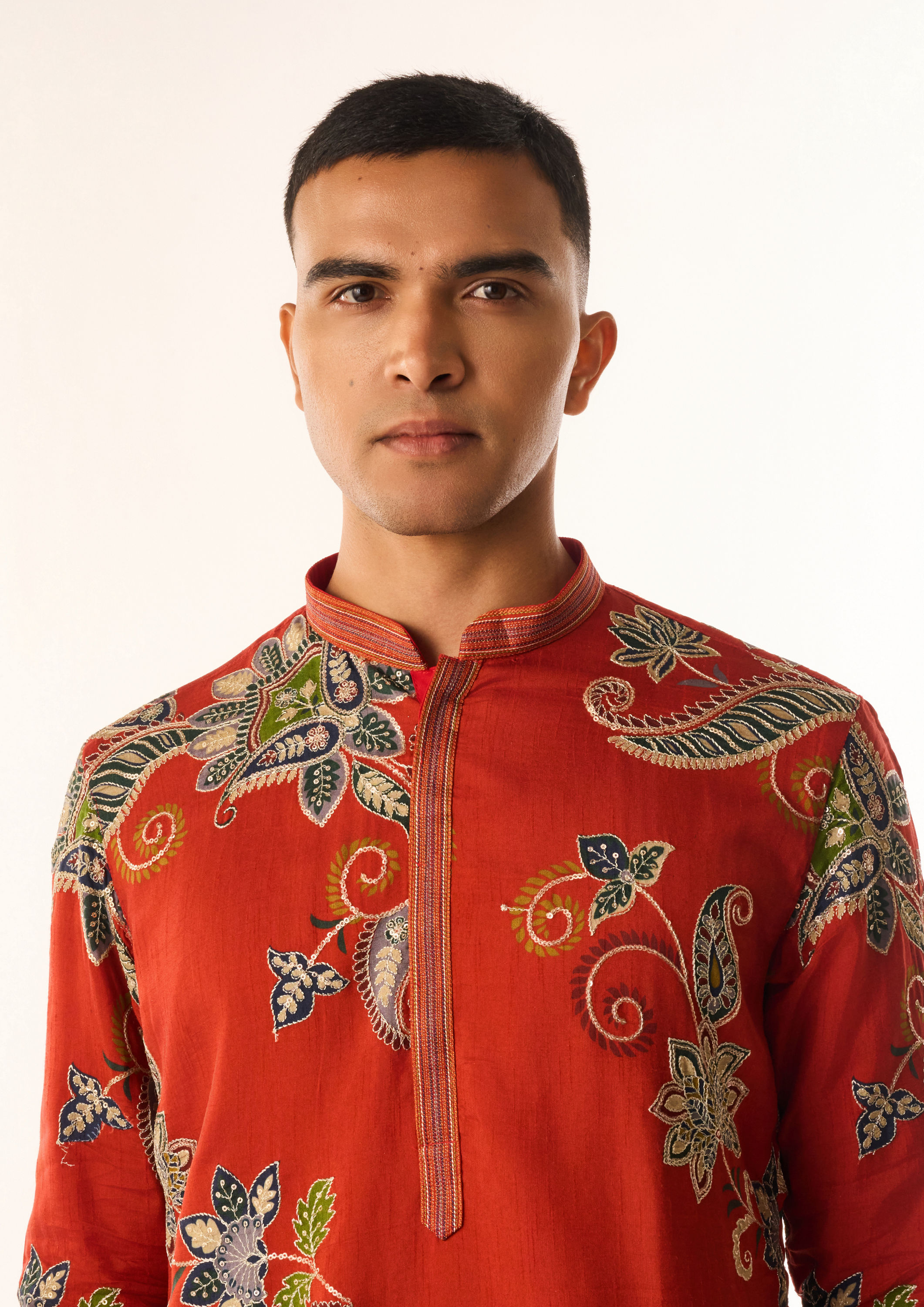 Twamev Men Red Art Silk Kurta Set with Embroidery