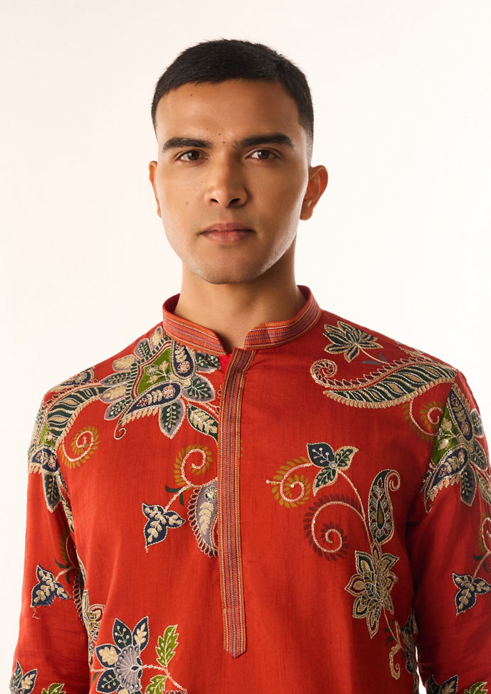 Twamev Men Red Art Silk Kurta Set with Embroidery
