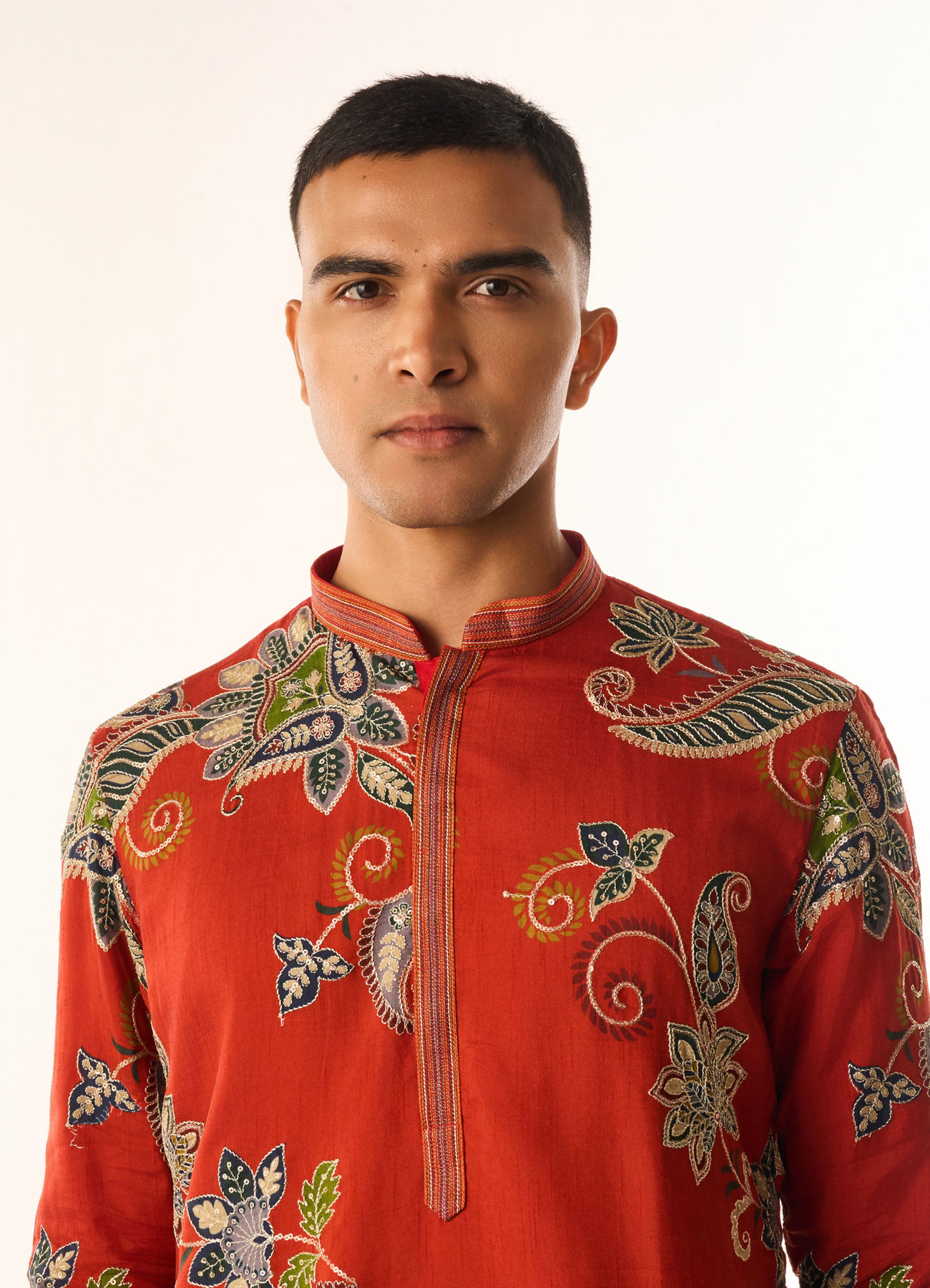 Twamev Men Red Art Silk Kurta Set with Embroidery