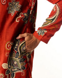 Twamev Men Red Art Silk Kurta Set with Embroidery