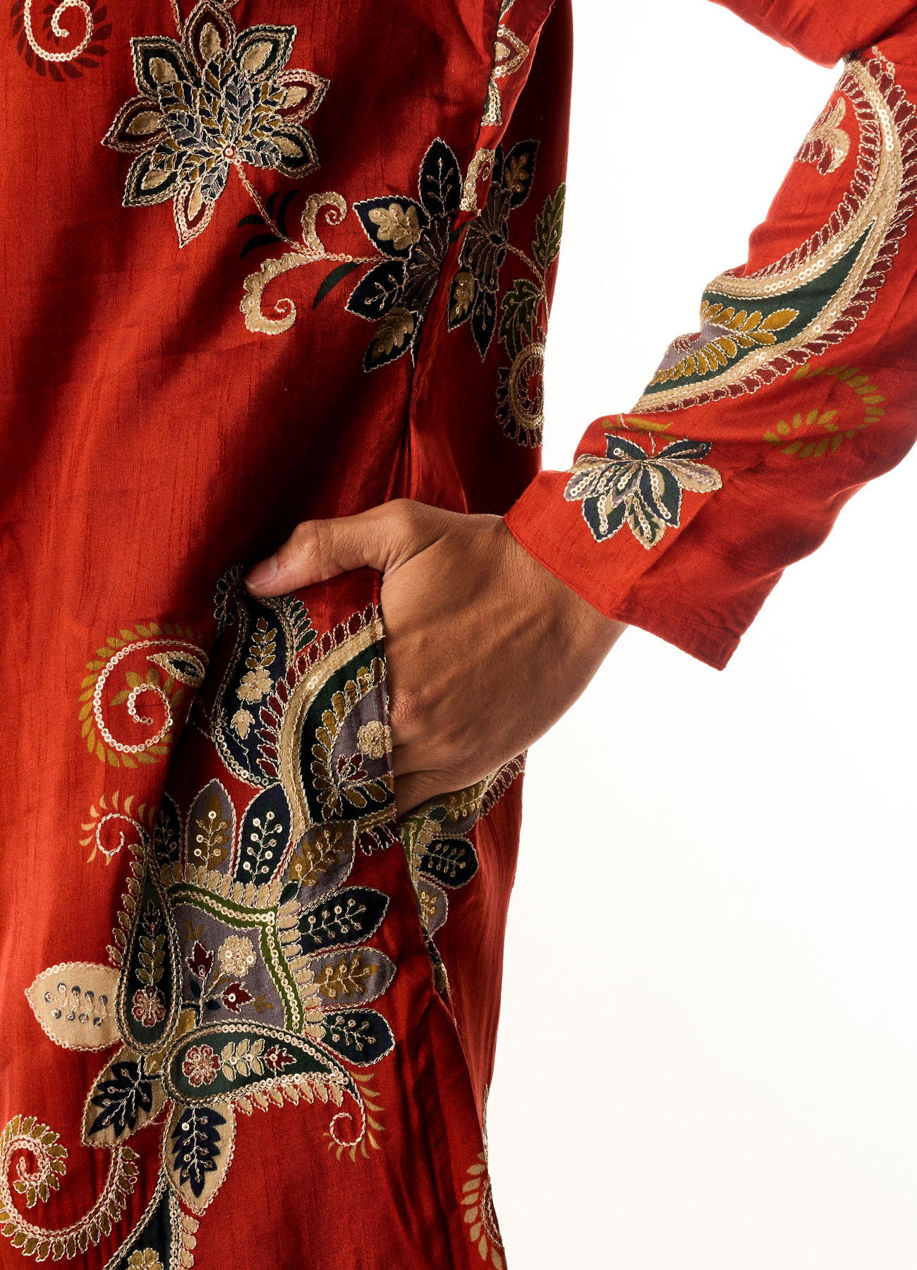 Twamev Men Red Art Silk Kurta Set with Embroidery