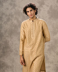 Twamev Men Beige Chanderi Chevron Kurta Set