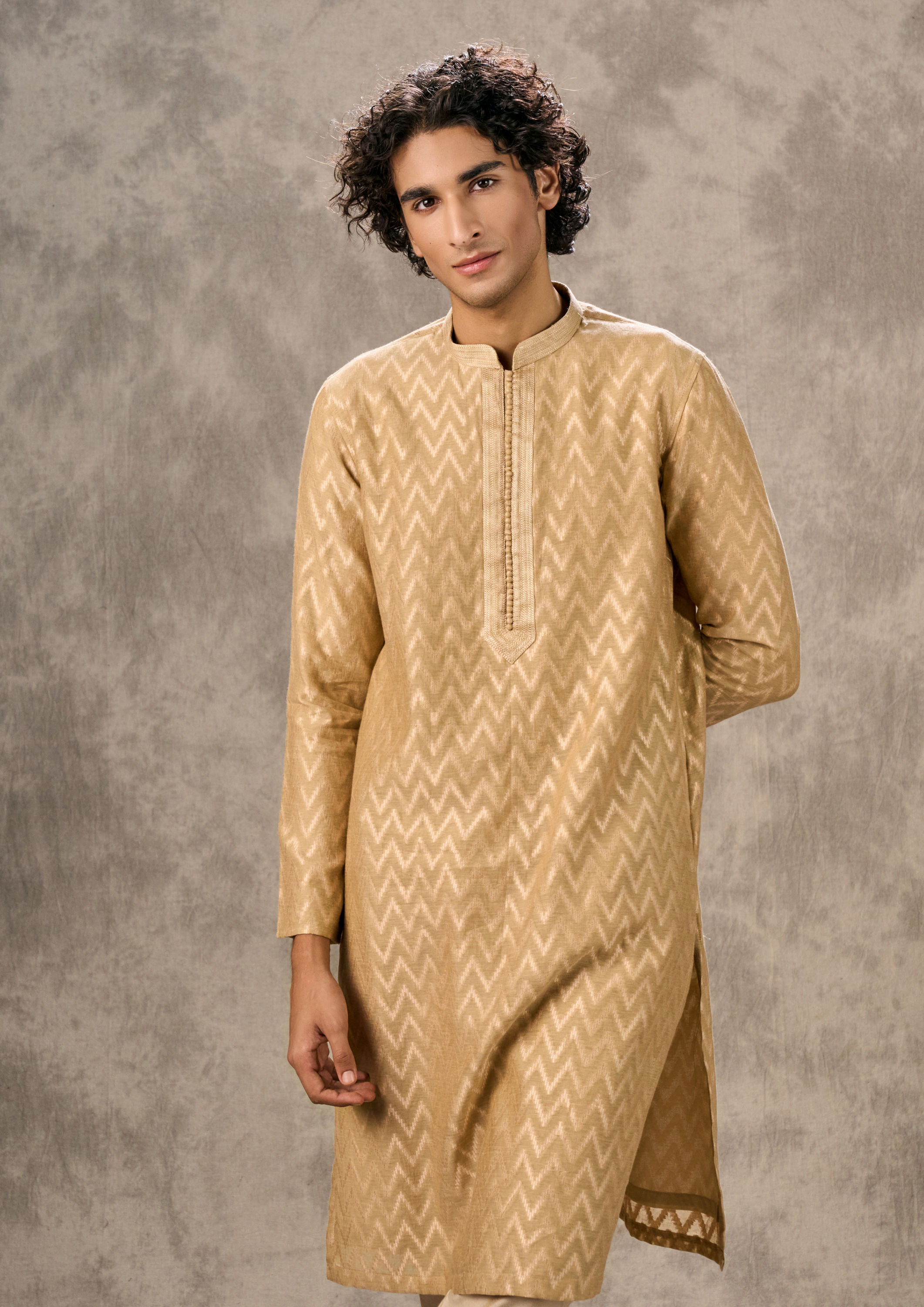 Twamev Men Beige Chanderi Chevron Kurta Set
