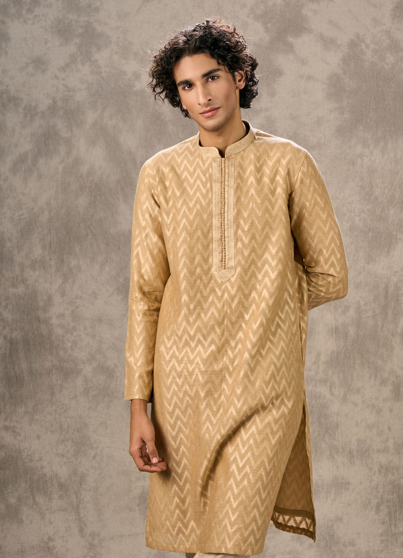 Twamev Men Beige Chanderi Chevron Kurta Set
