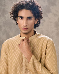 Twamev Men Beige Chanderi Chevron Kurta Set