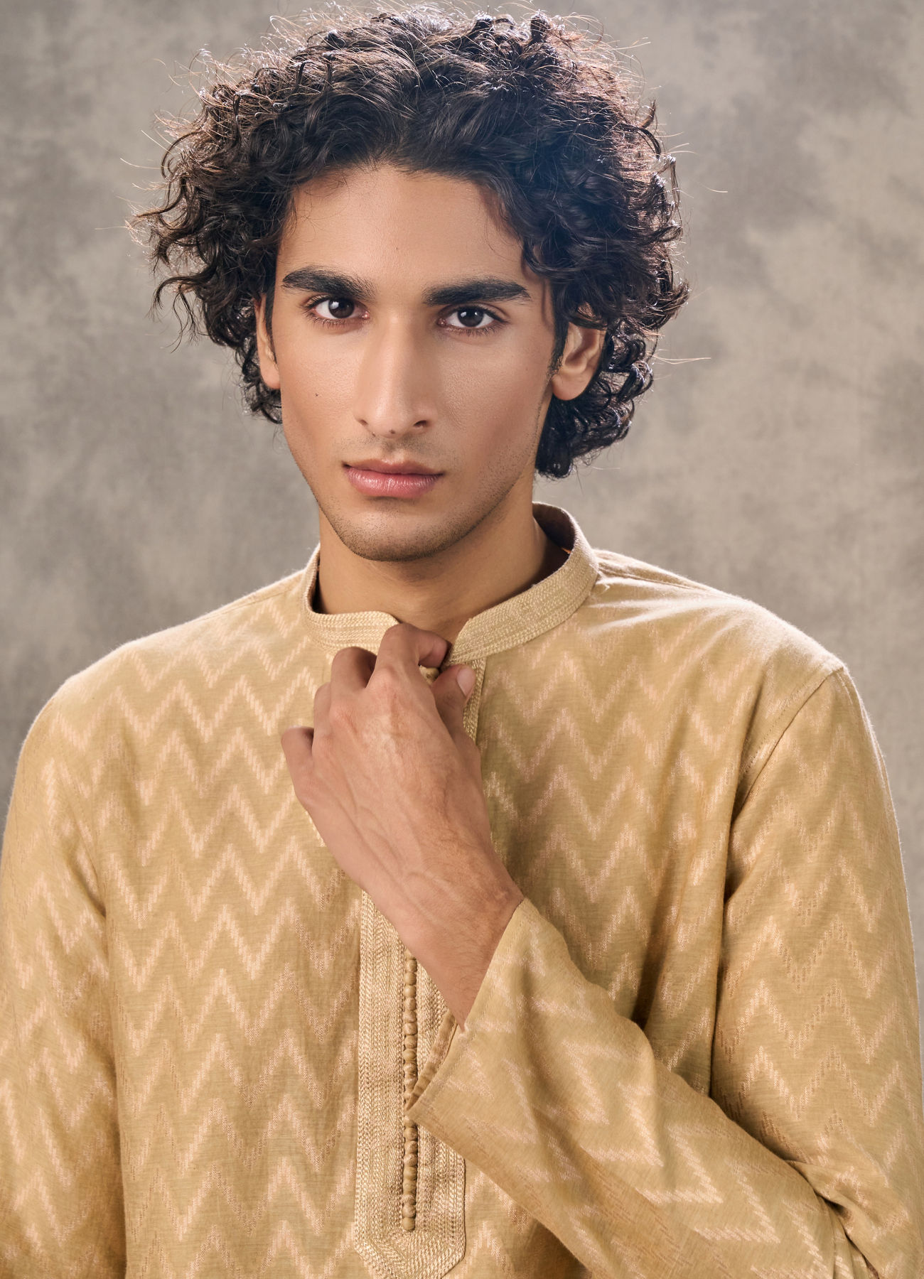 Twamev Men Beige Chanderi Chevron Kurta Set