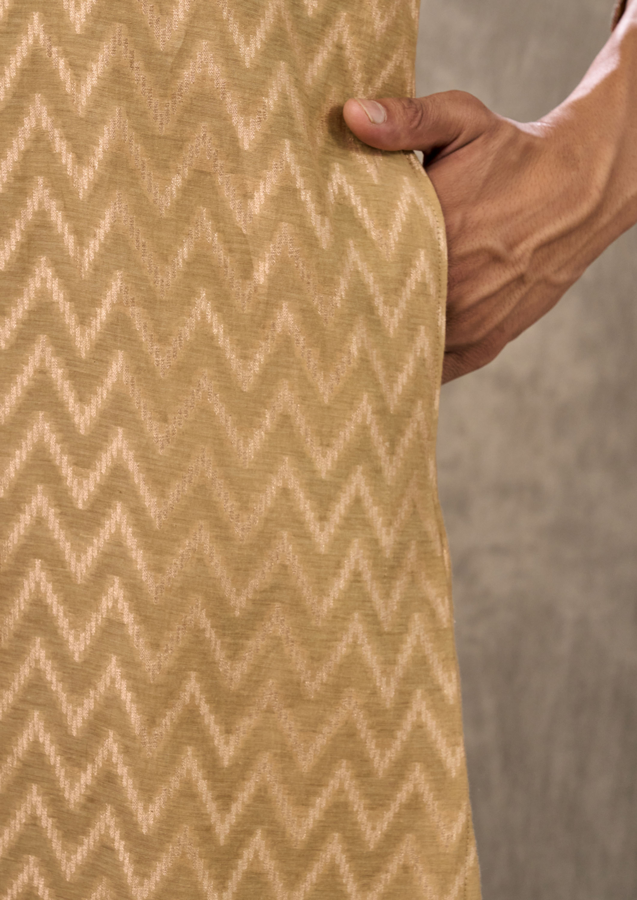 Twamev Men Beige Chanderi Chevron Kurta Set