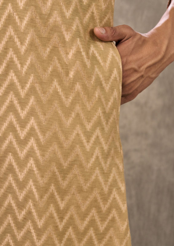 Twamev Men Beige Chanderi Chevron Kurta Set