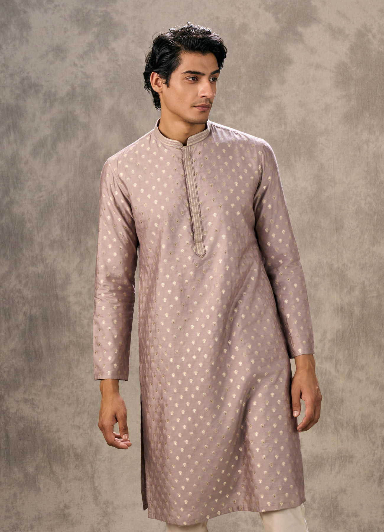 Twamev Men Lilac Viscose Brocade Buta Motif Kurta Set