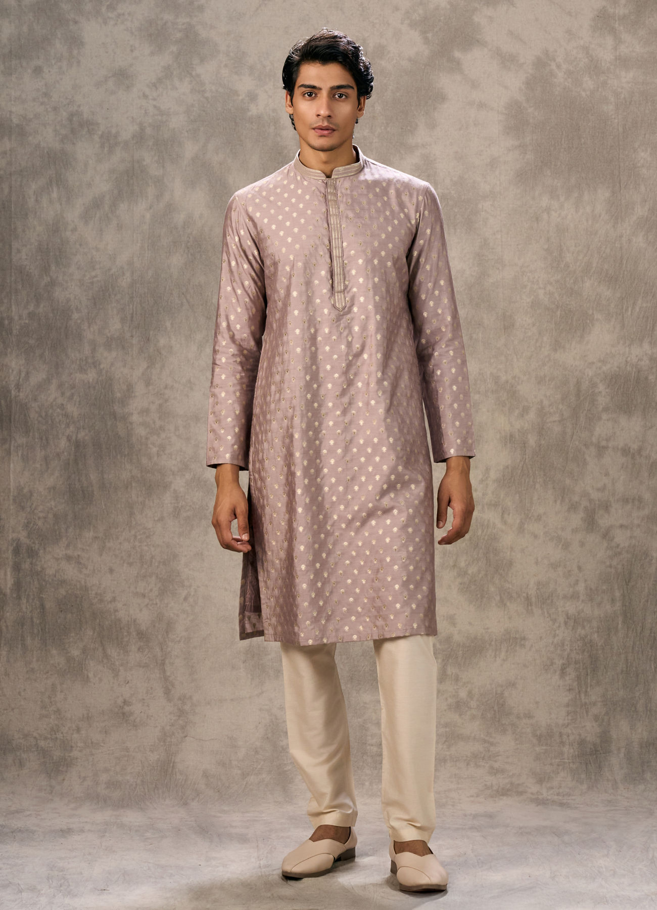 Twamev Men Lilac Viscose Brocade Buta Motif Kurta Set