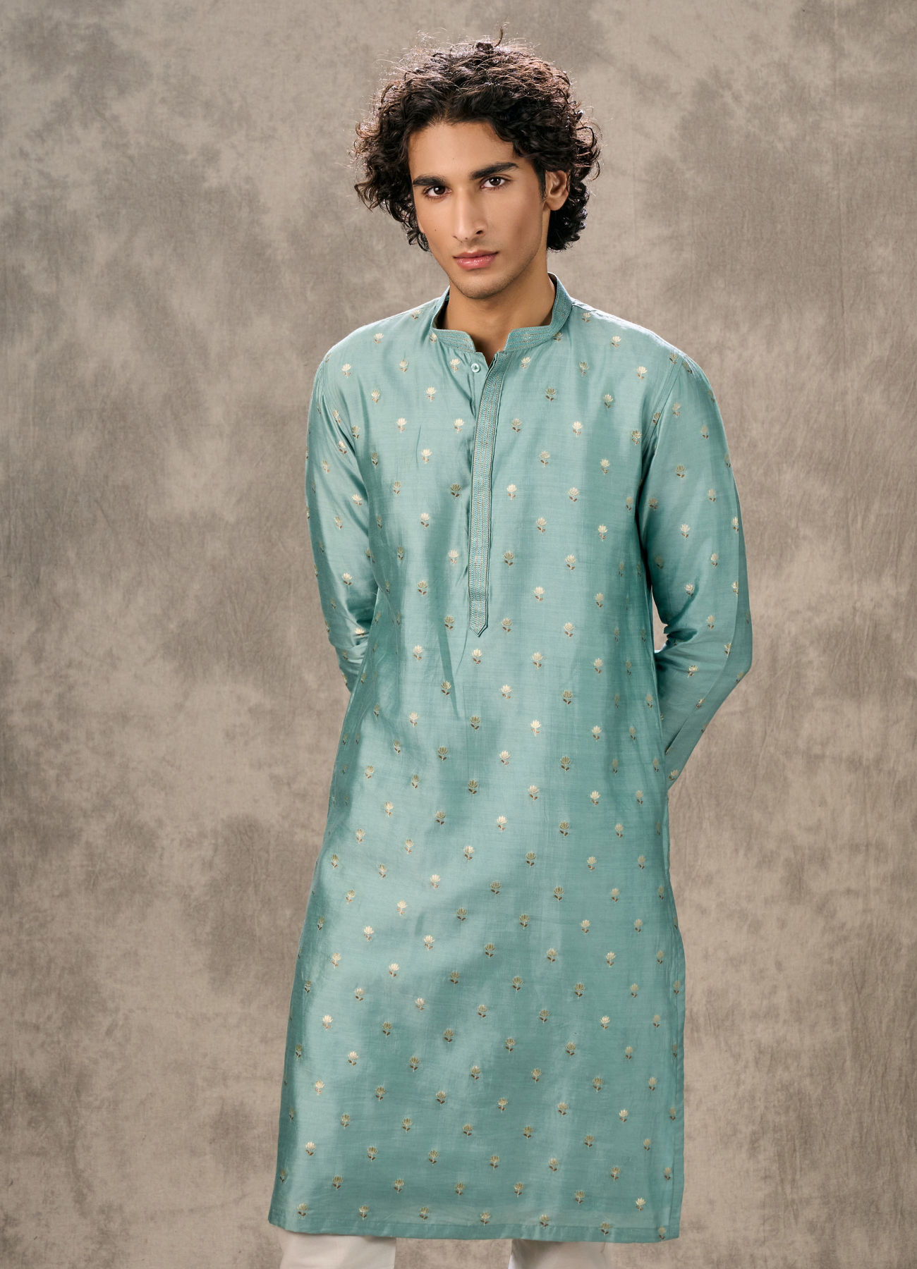 Twamev Men Aqua Green Viscose Brocade Kurta Set