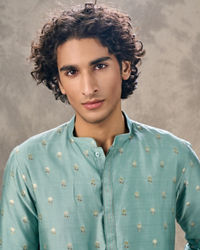 Twamev Men Aqua Green Viscose Brocade Kurta Set