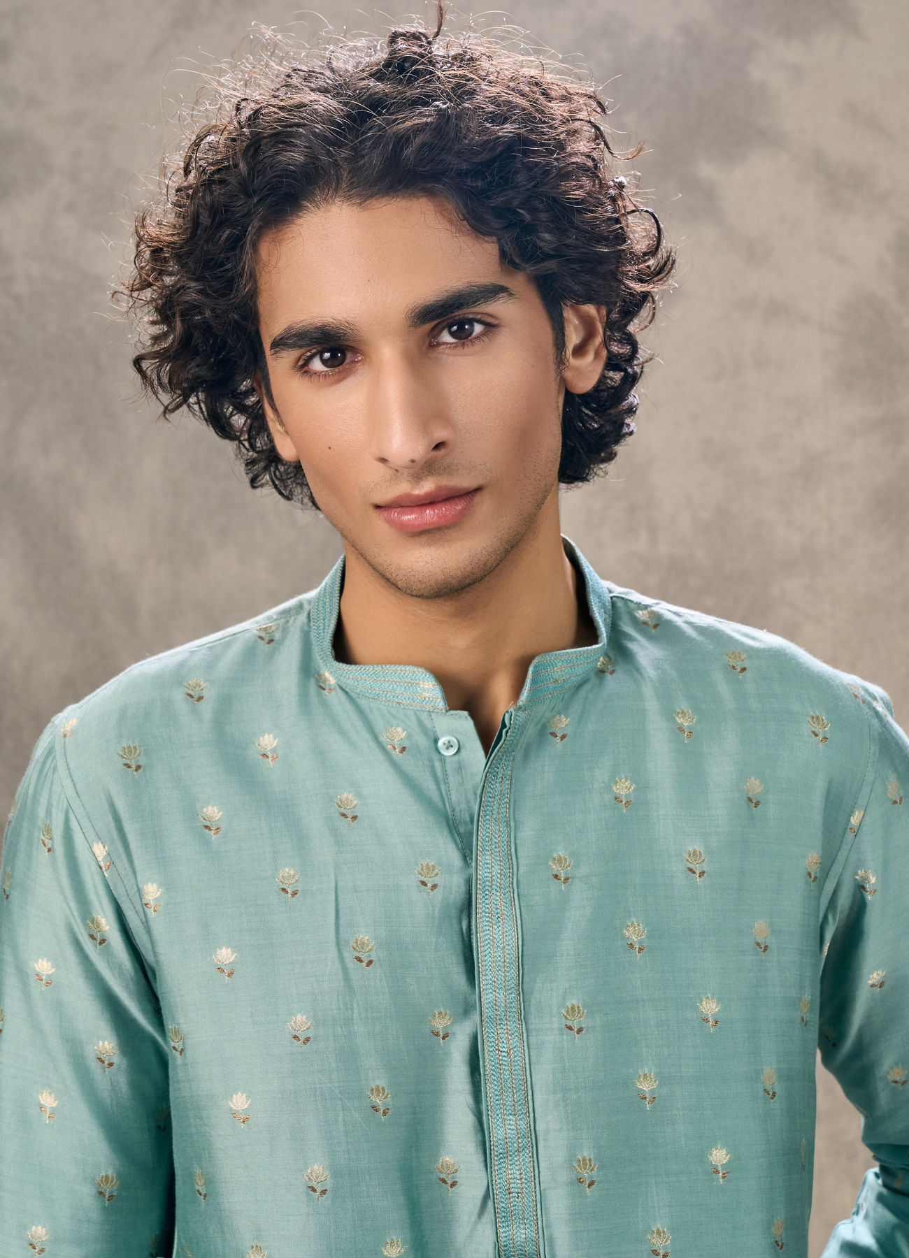 Twamev Men Aqua Green Viscose Brocade Kurta Set