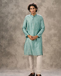 Twamev Men Aqua Green Viscose Brocade Kurta Set