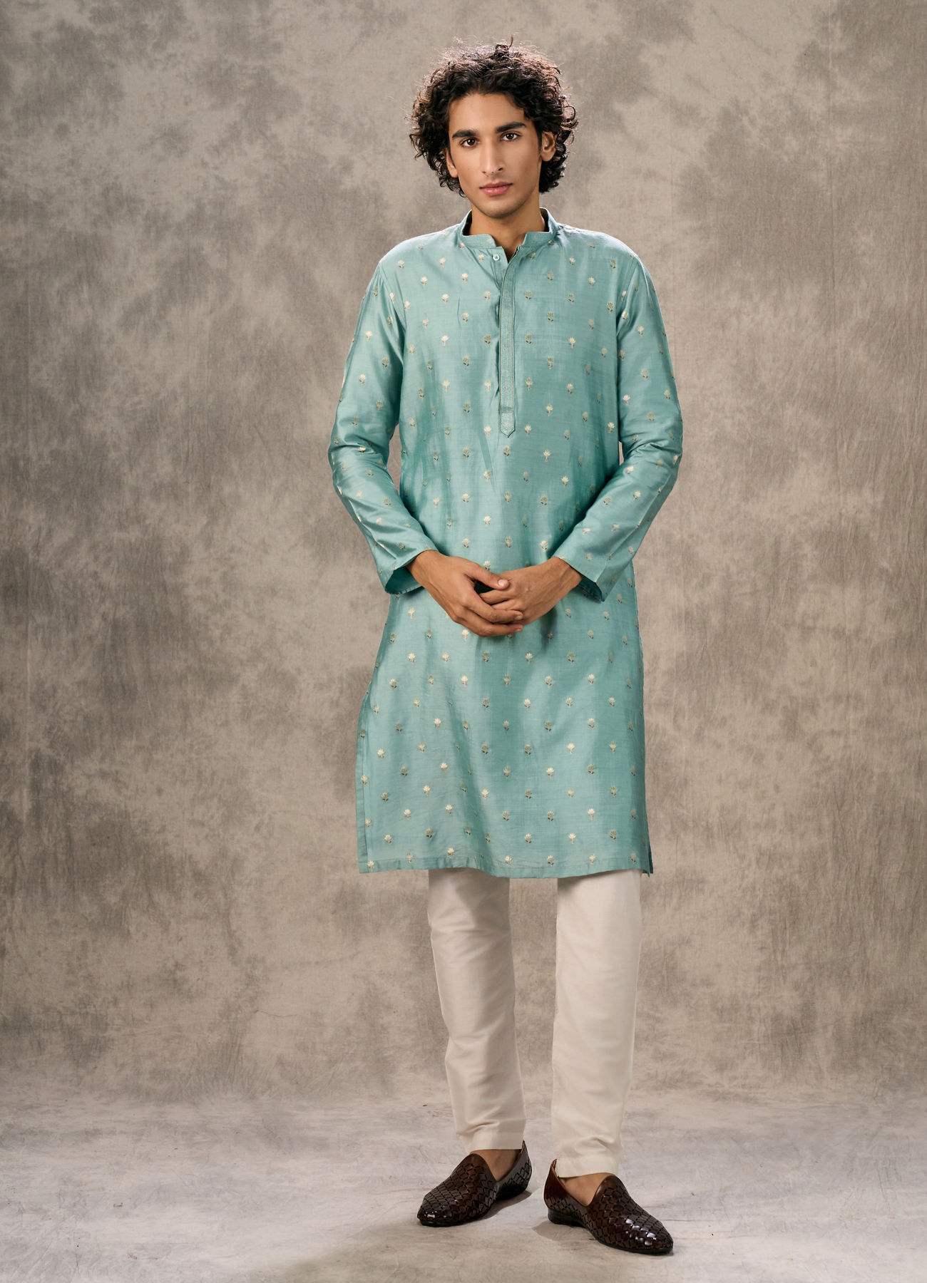 Twamev Men Aqua Green Viscose Brocade Kurta Set