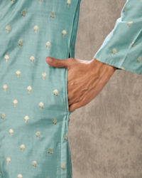 Twamev Men Aqua Green Viscose Brocade Kurta Set