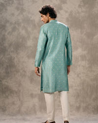 Twamev Men Aqua Green Viscose Brocade Kurta Set