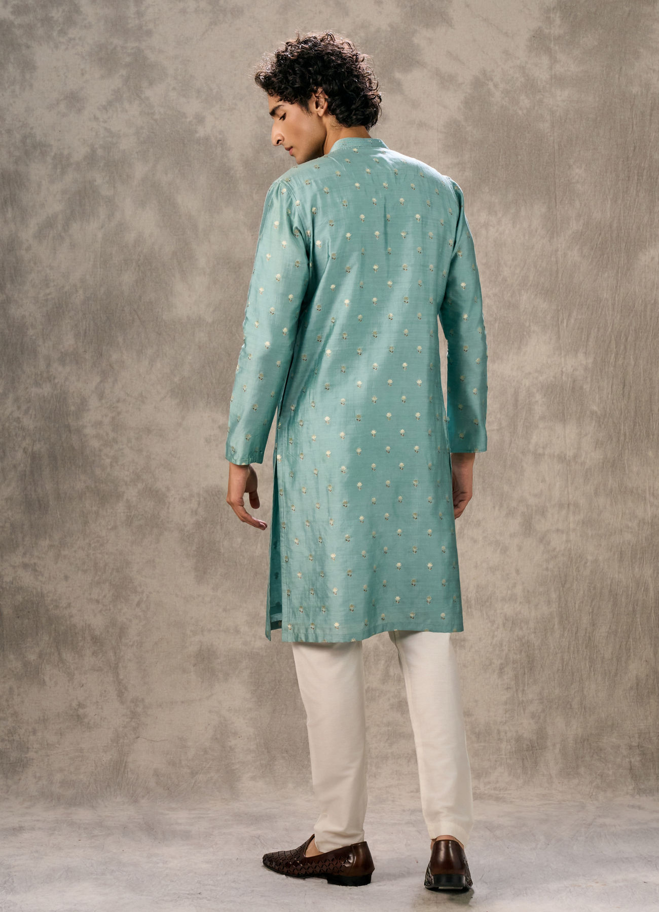 Twamev Men Aqua Green Viscose Brocade Kurta Set