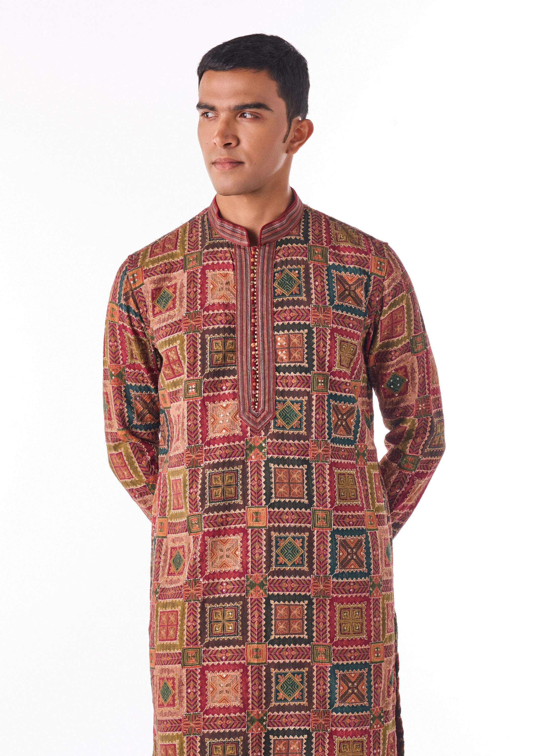 Twamev Men Maroon Geometric Printed Kurta Set
