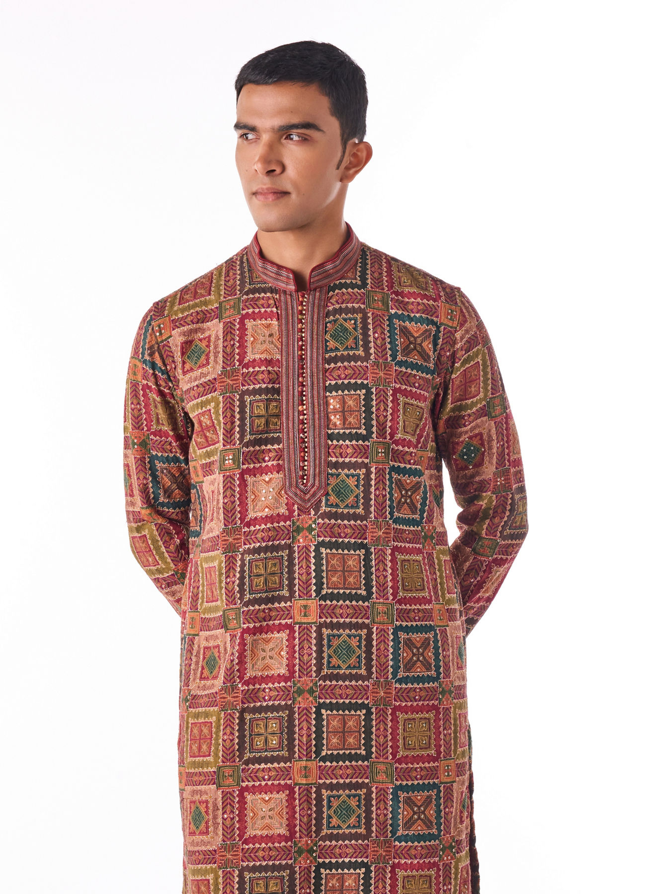 Twamev Men Maroon Geometric Printed Kurta Set