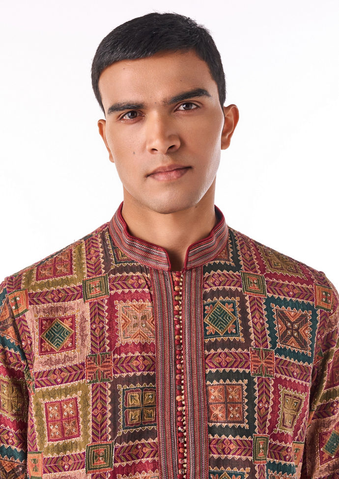 Twamev Men Maroon Geometric Printed Kurta Set