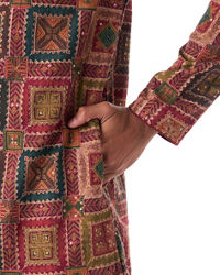 Twamev Men Maroon Geometric Printed Kurta Set