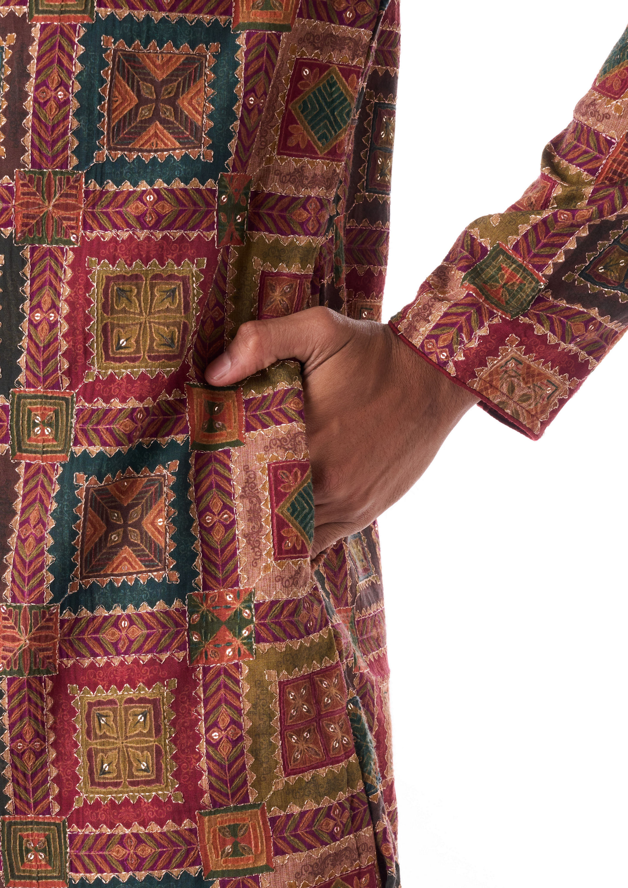 Twamev Men Maroon Geometric Printed Kurta Set