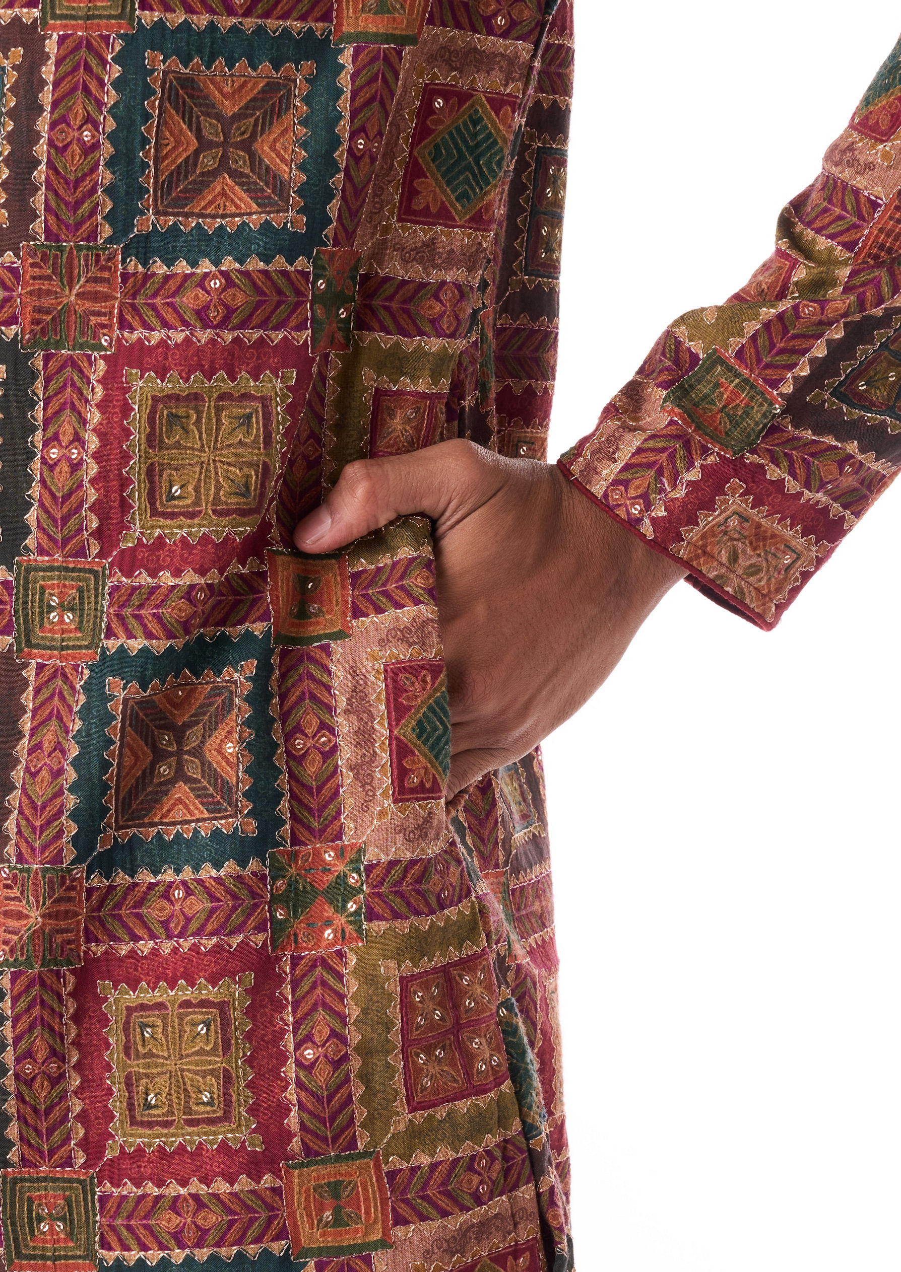 Twamev Men Maroon Geometric Printed Kurta Set