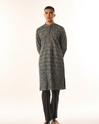 Twamev Men Teal Green Art Silk Kurta Set with Print